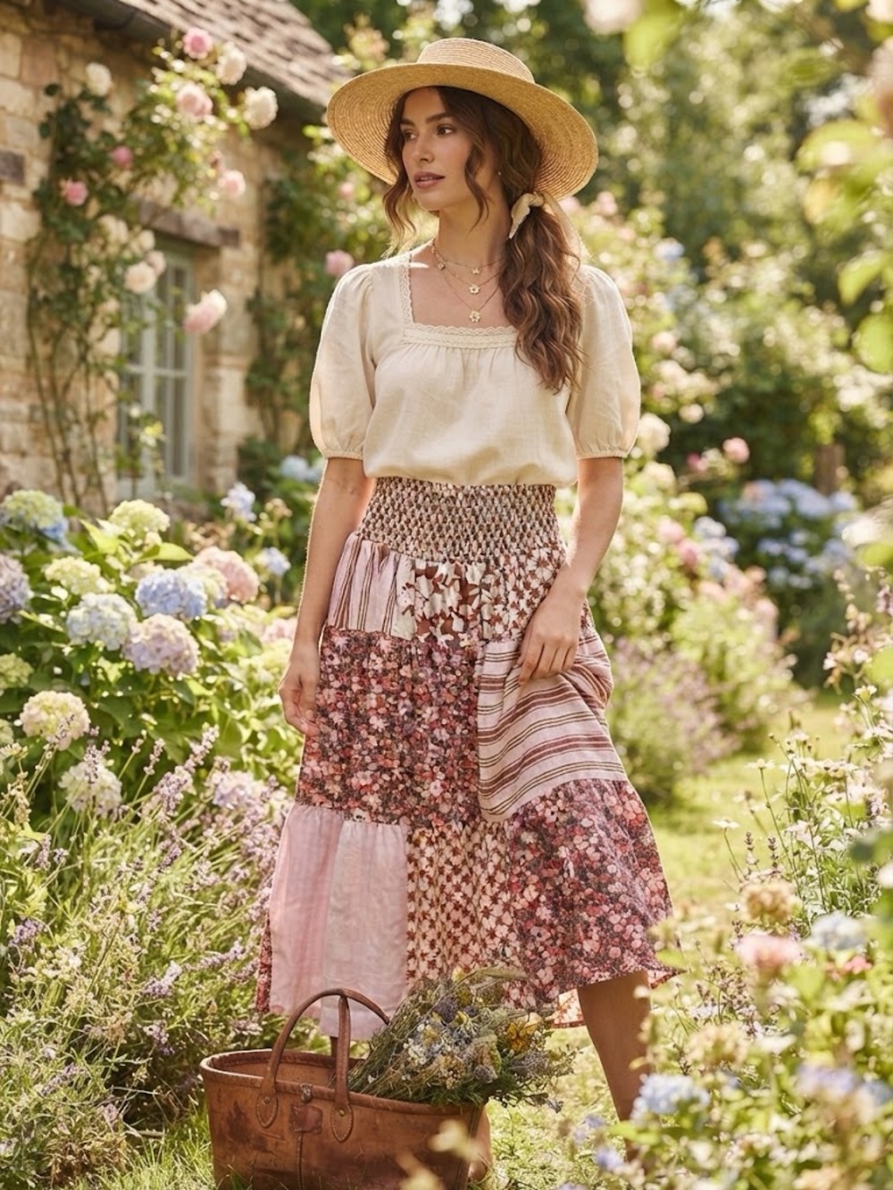 Universal Thread Size L Pink Patchwork Midi Skirt - Boho Floral Cotton
